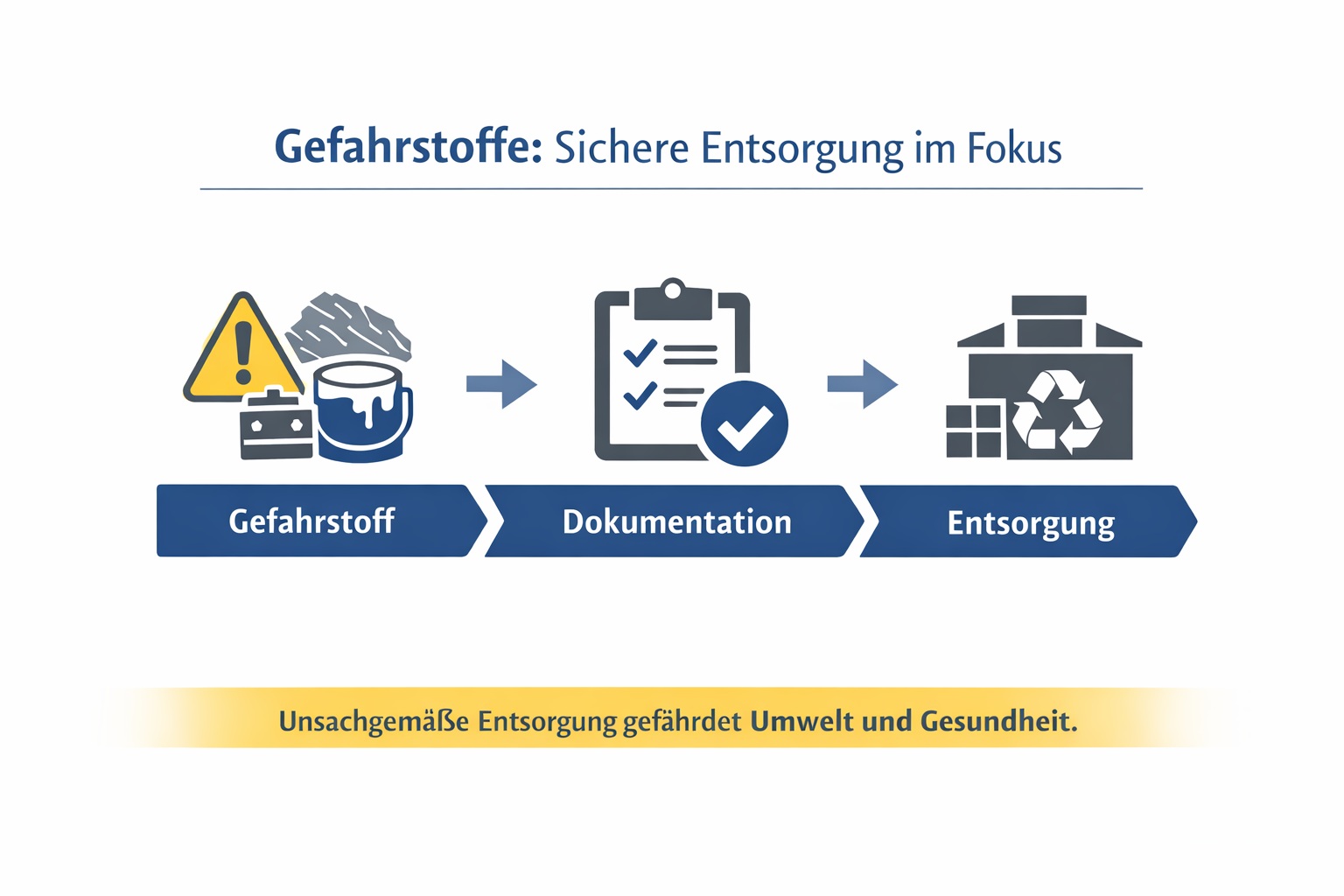 Symbol für Gefahrstoffe, Symbol für Dokumentation und Symbol für Entsorgung